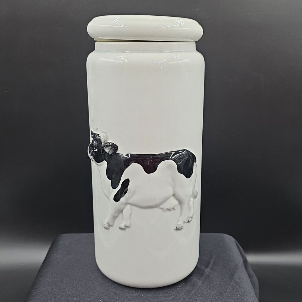 Otagiri Japan Cow Canister Jar Embossed 1980s Hand Painted 10"